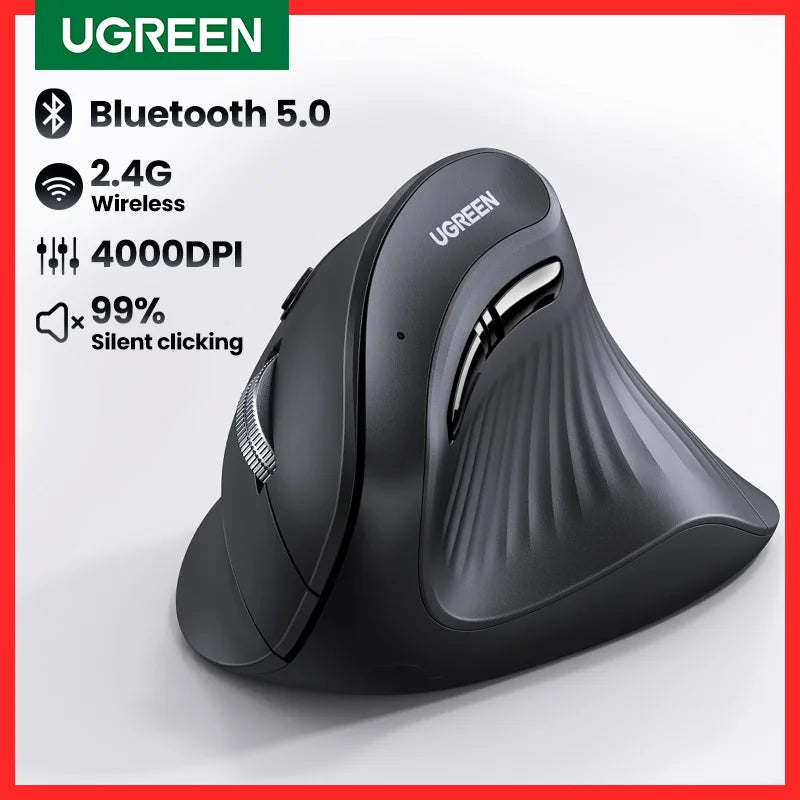 UGREEN Vertical Mouse Wireless Bluetooth5.0 2.4G Ergonomic 4000DPI 6 Mute Buttons